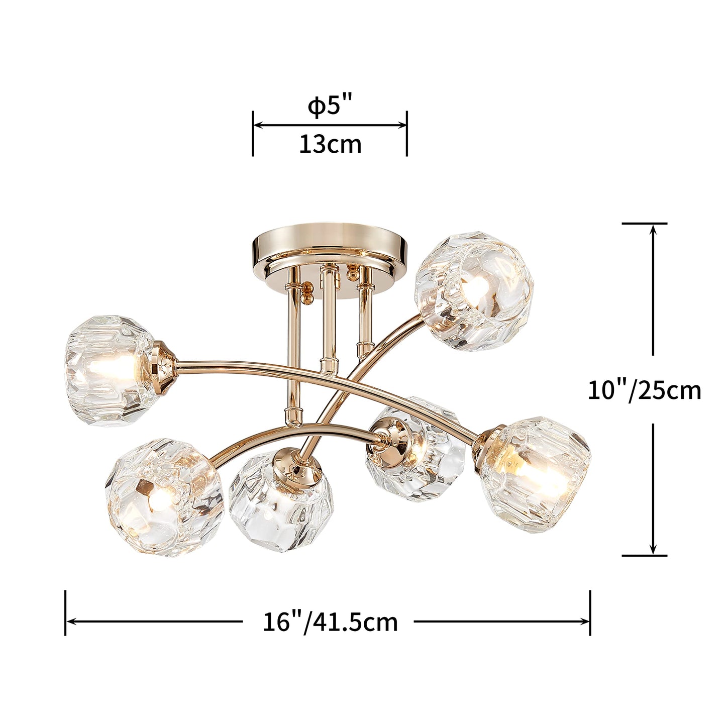 AGV LIGHTING Modern Spuntnik Crystal Ceiling Light Fixture, Semi Flush Mount Ceiling Light, G9 Base 6-Lights, D16 x H10, Clear Crystal & Shining Gold Finish Metal Frame