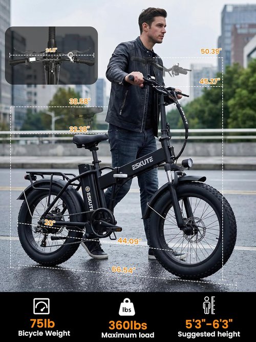 ESKUTE D300 Electric Bike - 1200W Peak Motor, 48V 20.8Ah Removable Battery, 20x4 Fat Tires | 28 MPH, Up to 80 Miles