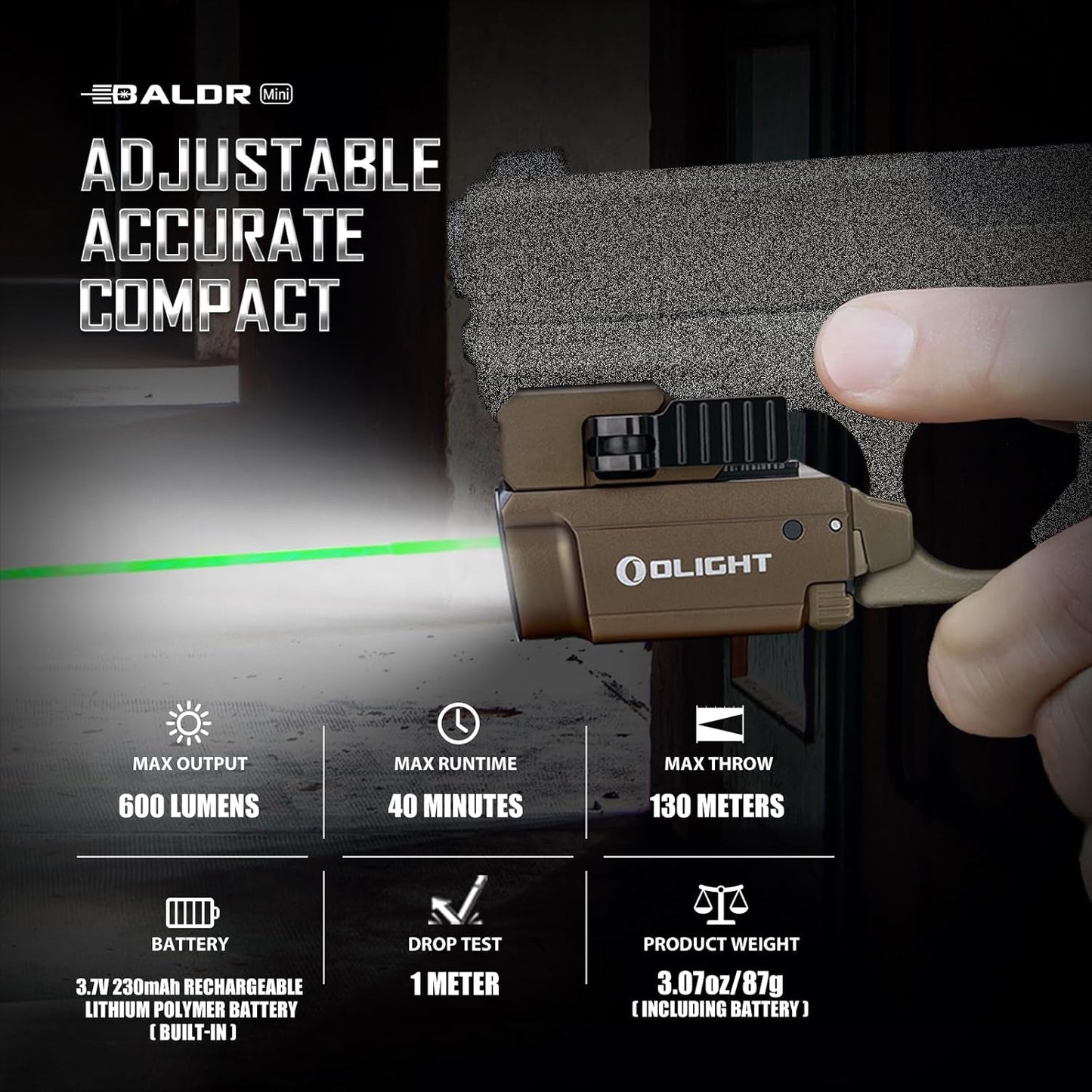 OLIGHT Baldr Mini Tactical Flashlight - 600 Lumens Green Beam & White LED Combo | Compact Rechargeable, Desert Tan