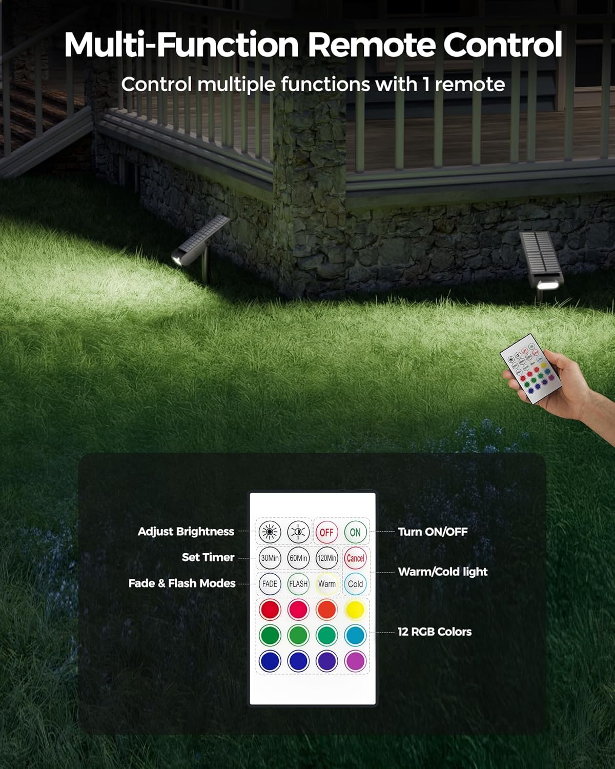 RGB Solar Spot Lights for Halloween - 12 Color Modes, Waterproof IP67, Remote Control, 4-Pack for Yard & Garden