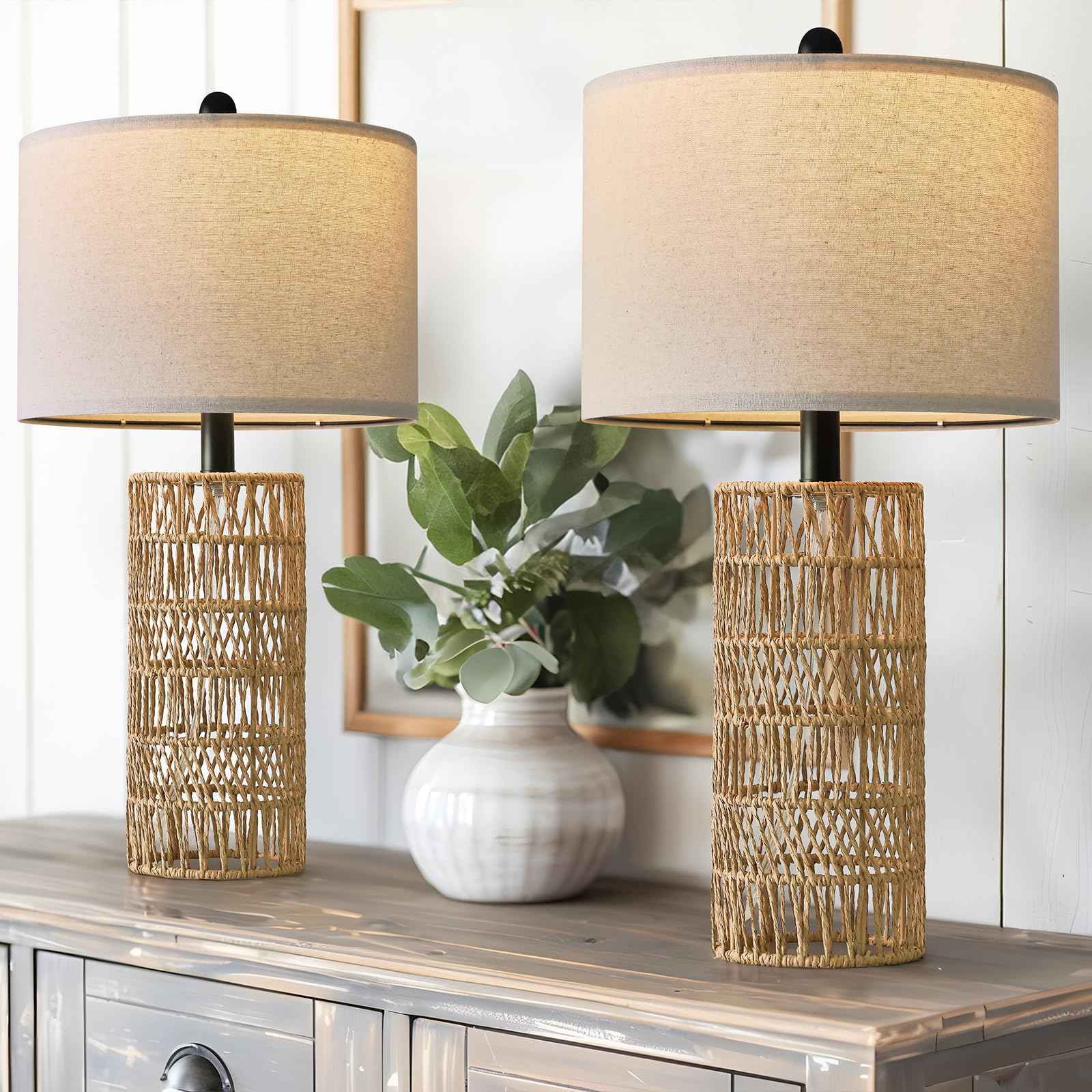 OYEARS 22.5" Boho Table Lamps Set of 2 for Living Room, Bedside Lamp for Nightstands, Rattan Lamp for Bedroom, Farmhouse Table Lamp for Room Decor, End Table, Retro, Brown（Not Include Bulbs）