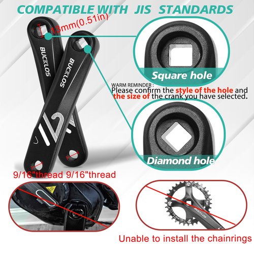 BUCKLOS Ebike Mountain Bike Square/Diamond/Hollow Crank Arm -152MM/170MM/175MM MTB Aluminum Bicycle CrankSet for Electric Bike/Road Bike/Commuter Bike/Exercise Bike/Fat Bike
