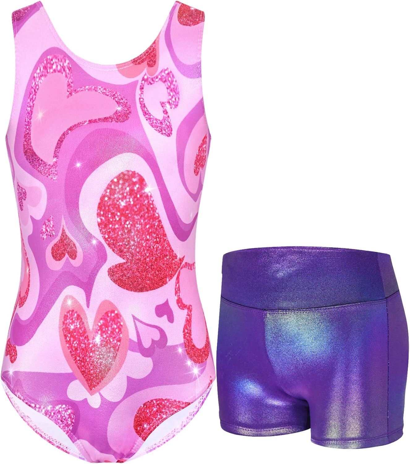 Skiennix Gymnastics Leotards for Girls - Sparkly Tumbling Bodysuits with Shorts | Sleeveless Activewear