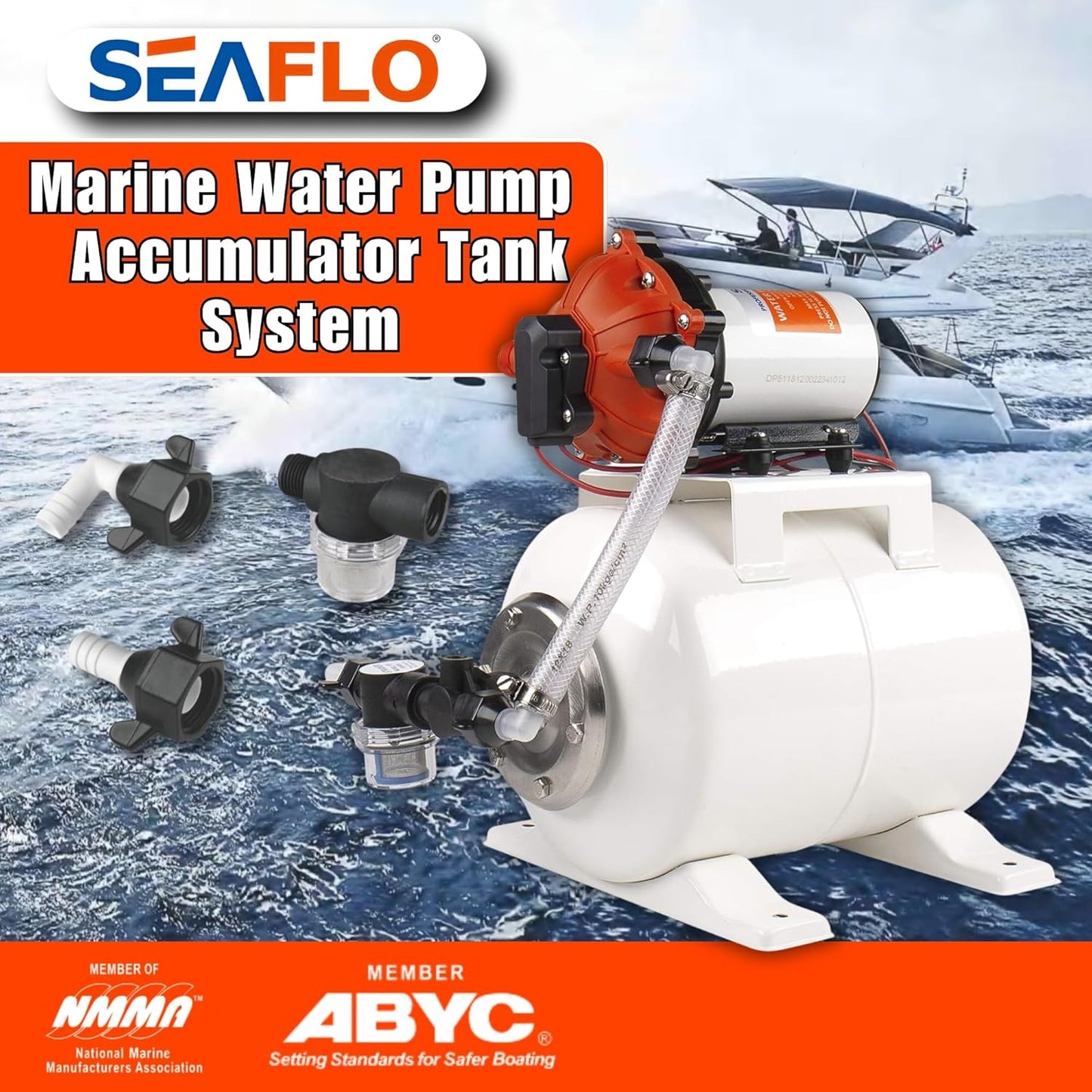 SEAFLO Marine Water Pump - 12V DC 60 PSI 5.5 GPM with 2 Gallon Accumulator Tank System | Quiet Operation & 4-Year Warranty