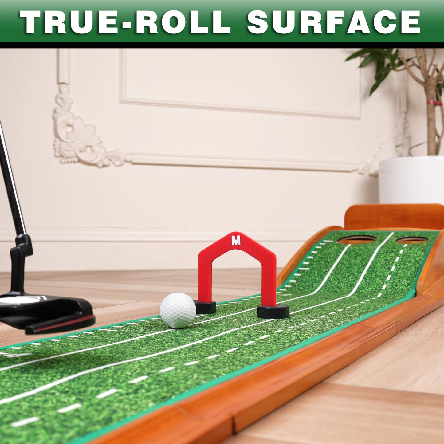 CHAMPKEY Premium Golf Putting Green Indoor with 3 Golf Putting Gates - Improves Putting Accuracy and Skill Levels Golf Putting Mat - Ideal for Indoor and Outdoor Training(Dual Hole - Wooden)