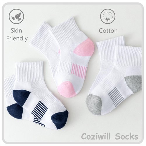 Girls Ankle Socks Kids Cushioned Athletic Quarter Socks Boys Cotton Short Sock Sports 7-10 Years Children 6 Pairs(2Grey+2Navy+2Pink, M)