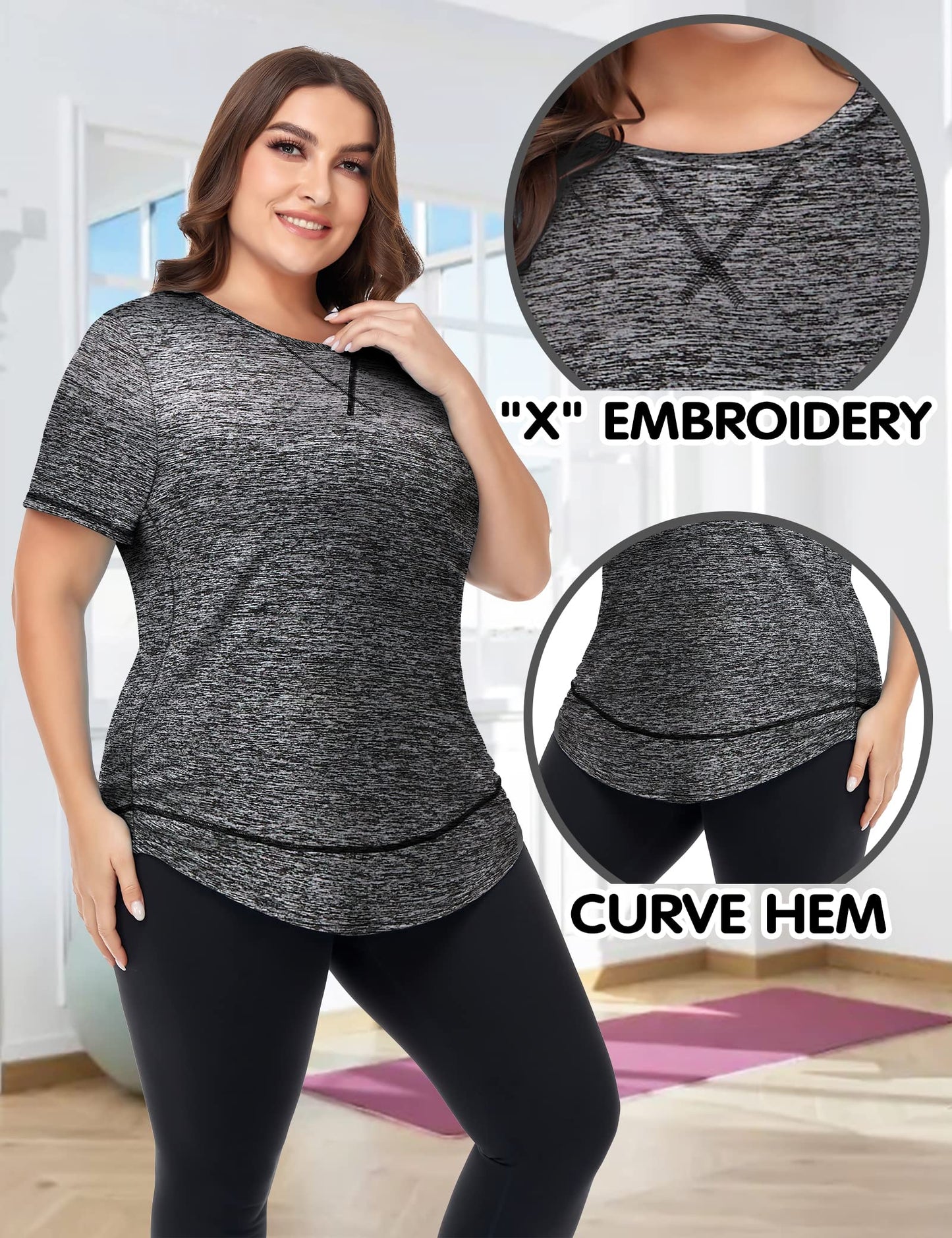 COOTRY Plus Size Workout Tops for Women Short Sleeve Loose fit Shirts Athletic Gym Yoga Clothing Short Dark Gray 4XL