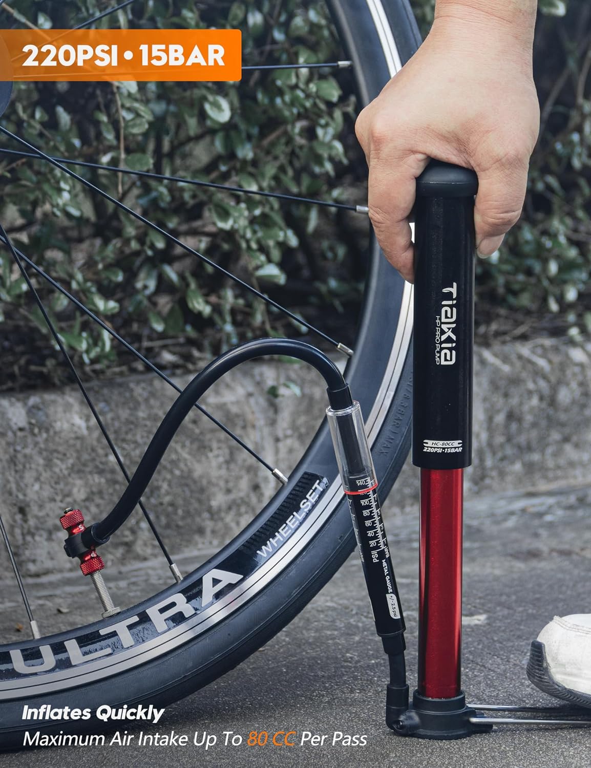 Tiakia High Pressure Bike Pump - Portable Hand Air Pump with Gauge for Presta & Schrader Valves | Aluminum Design