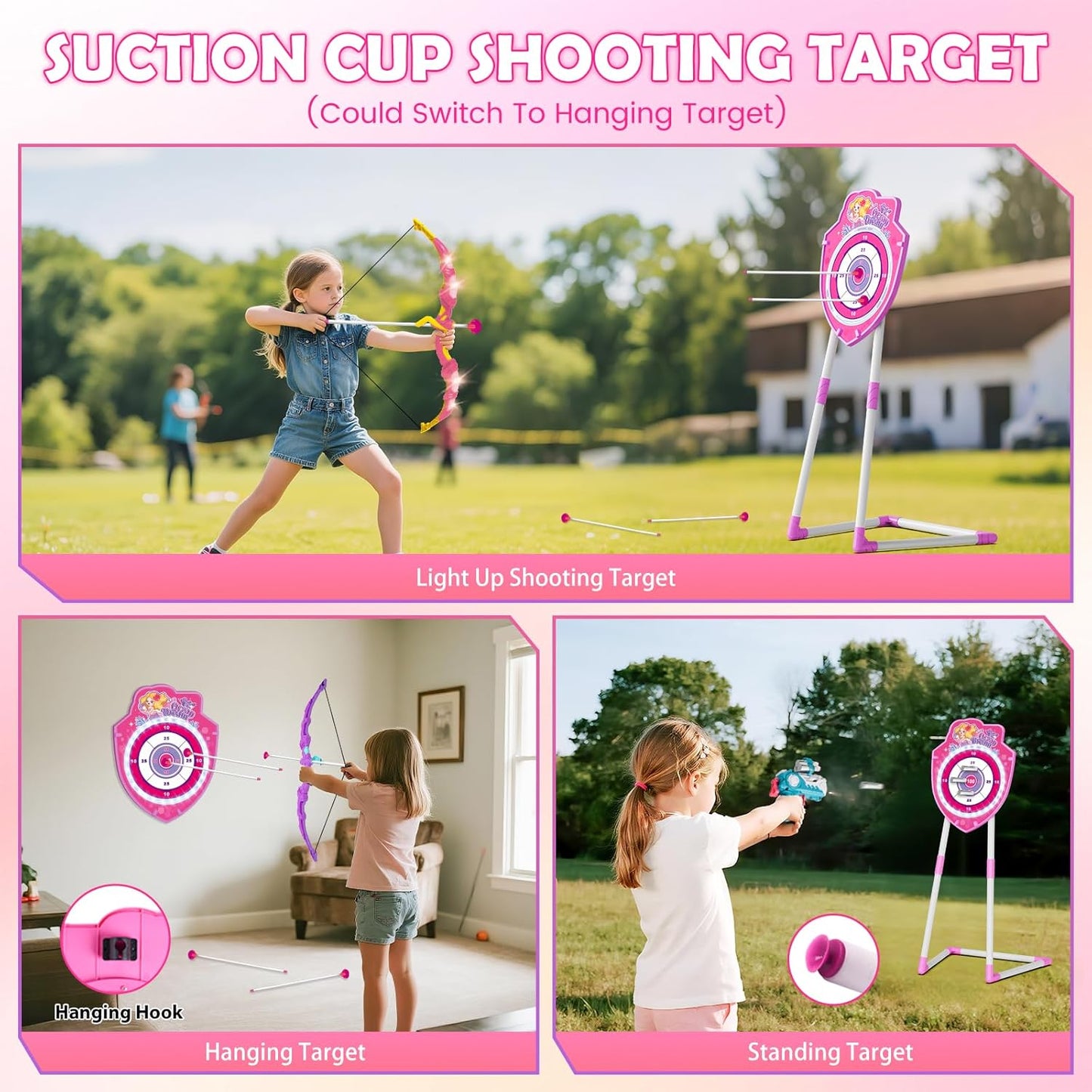 VATOS Bow and Arrow Toy Set - 4-in-1 Archery & Dart Game with LED Light, 20 Suction Cup Arrows & Glow Target | Indoor/Outdoor Fun for Kids Ages 5-12
