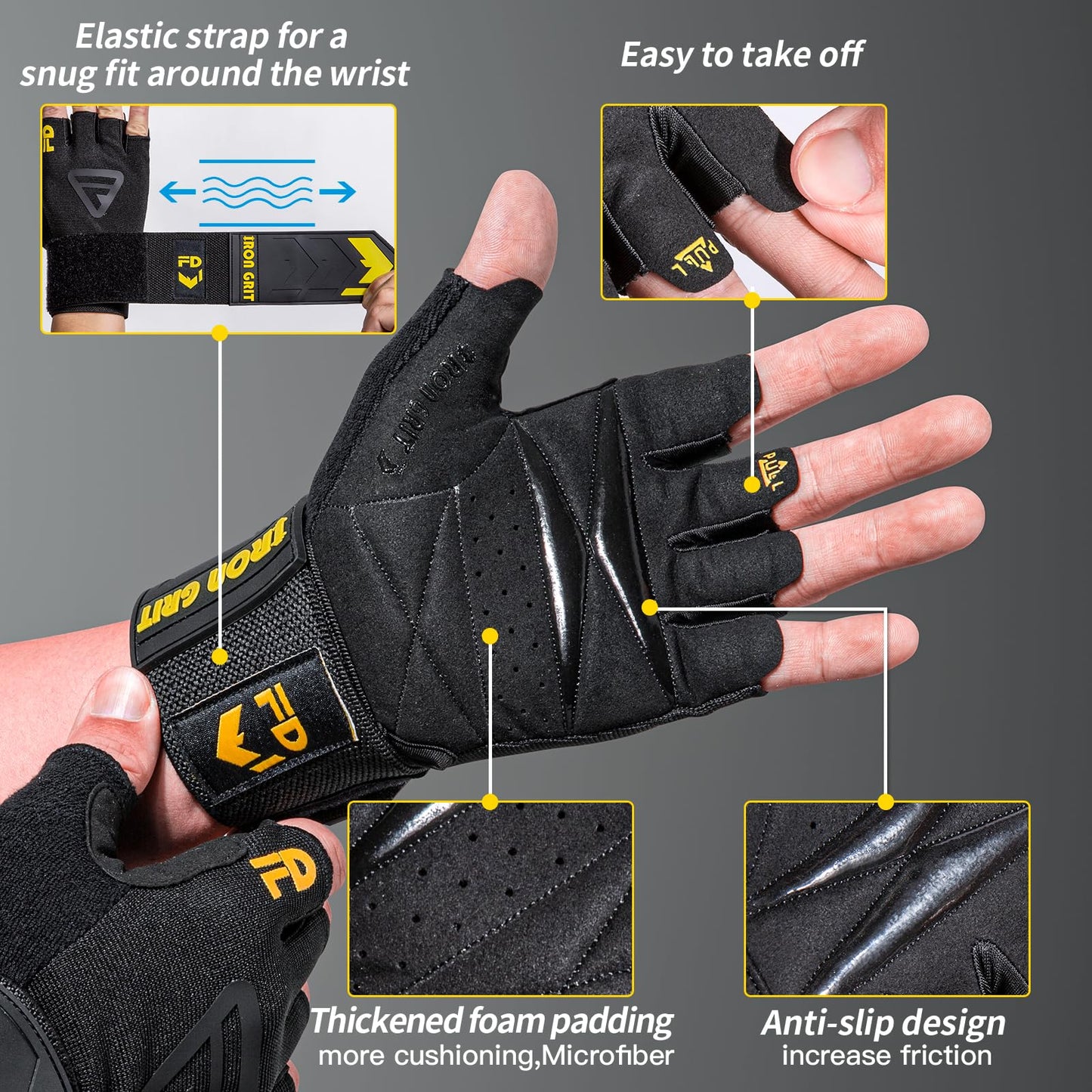 IRONGRIT Weight Lifting Gloves for Men and Women, with Cushion Pads and Silicone Grip, Gym Workout Gloves with Wrist Support for Bench Press, Weightlifting, Training, Pull-ups (Medium)