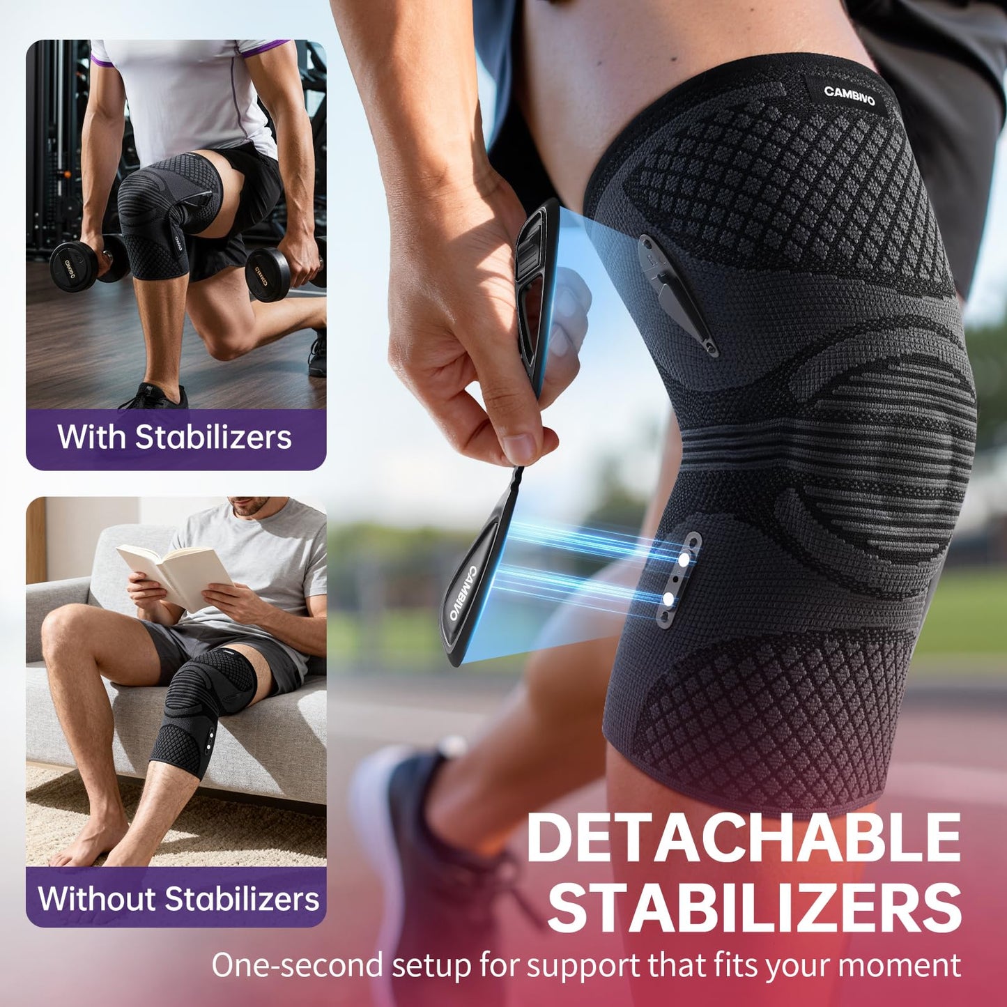 CAMBIVO Knee Support Brace with 2 Snap-on Detachable Stabilizers & Patella Gel Pads, Red Dot Awarded Compression Knee Sleeve for Meniscus Tear, ACL, Knee Pain Support, Running, Workout for Women & Men