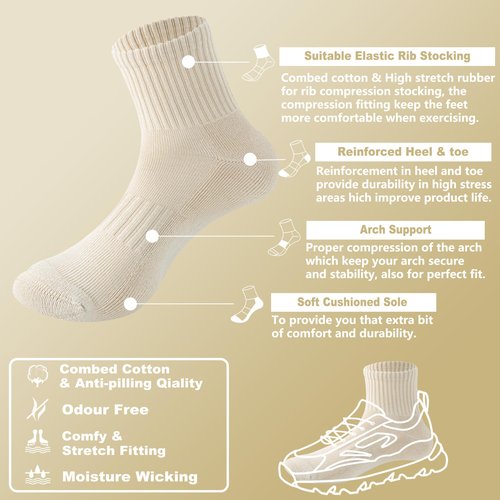 MAGIARTE Womens Athletic Cotton Mini Crew Socks Cushioned Running Hiking Multi Sports Socks for Women 4 Pairs (#04M Beige)