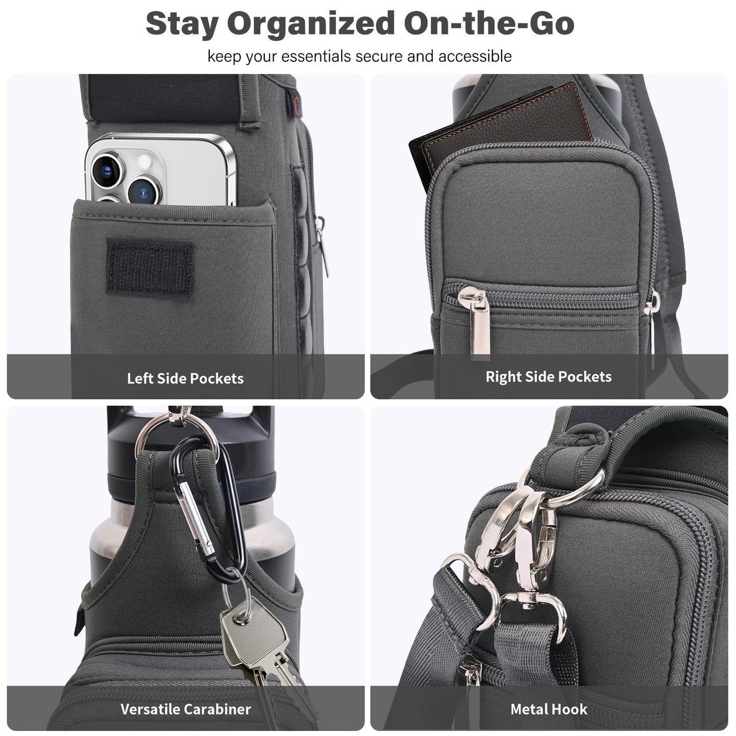 icolor Magnetic Gym Bag Water Bottle Holder Carrier with Phone Pockets & Shoulder Strap Small Gym Bag 5 Built-in Magnets Gym Accessories Organizer Magnetic Bottle Pouch for Men Women (Gray)
