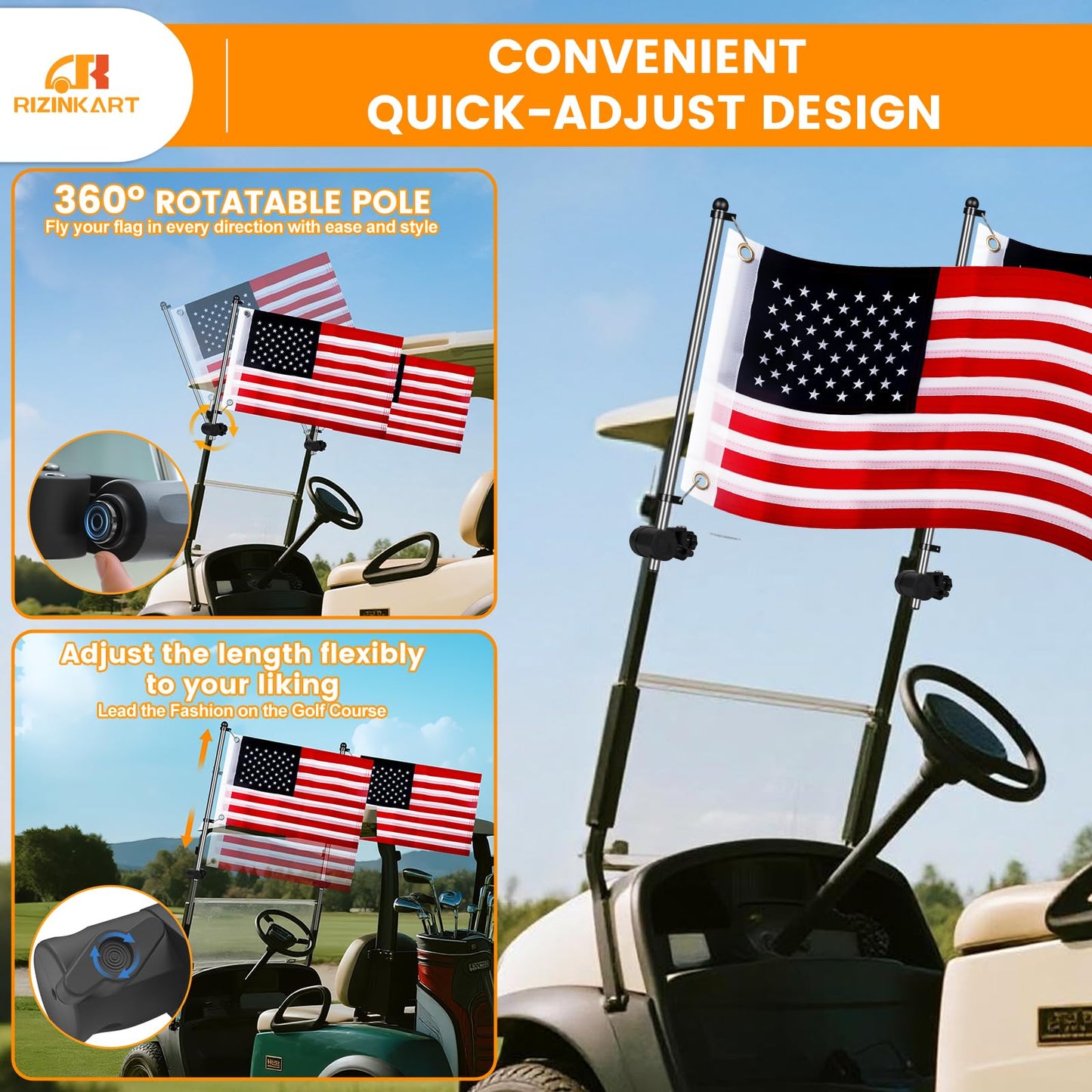 2Pcs Golf Cart Flag Pole Kit, 360° Adjustable Golf Cart Flag Holder, Universal Fit for Golf Cart/Boat/ATV/UTV, Stainless Steel Flag Pole with USA Flag (12"×18"), for 0.59"-1.25" Round/Square Rail