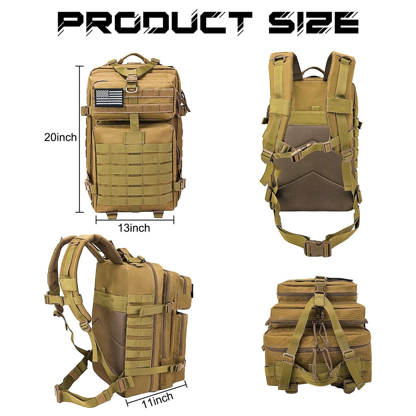 WOLT Military Tactical Backpack for Men 45L Molle Backpack 3 Day Assault Pack Bug Out Bag, Heavy Duty Rucksack for Hiking Gym(Khaki)