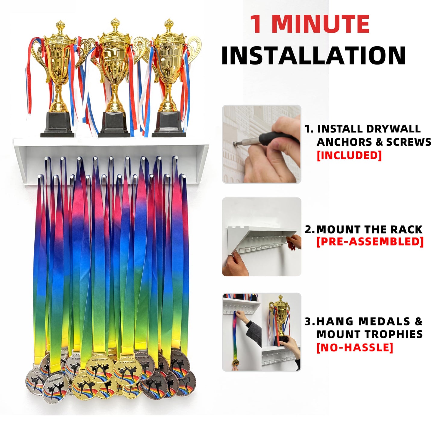 Medal Hanger Display and Trophy Shelf with Hooks - Wooden Medal Holder for Wall Mount Ribbon Display, Trophy Display Shelf for Gymnastics, Soccer, Running Race Medals Awards Rack (WHITE, 16")