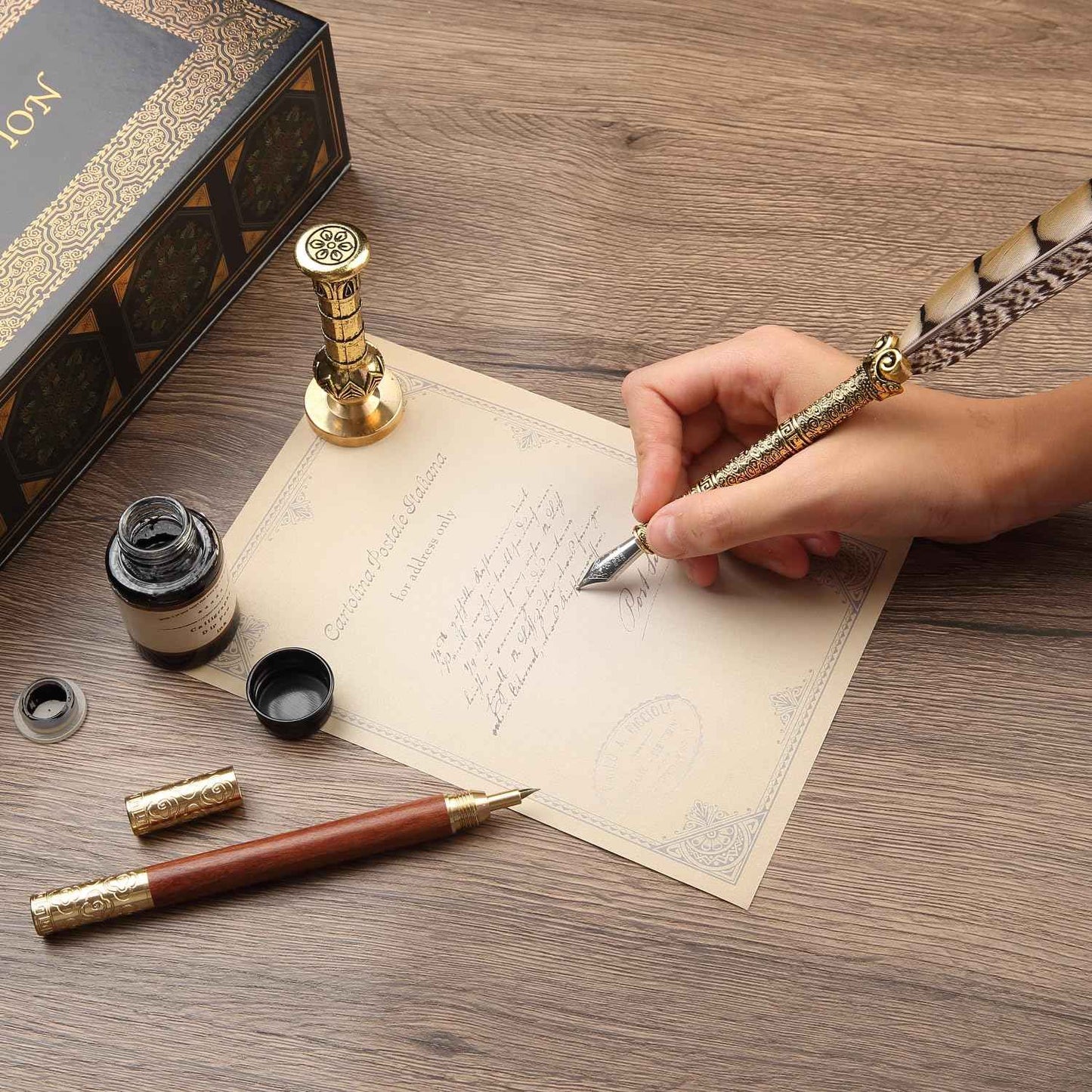 GC QUILL Calligraphy Pen Set - Feather Dip Pen,Dual Tip Calligraphy Fountain Pen, Stamp, Wax Candle, Pen Base, Ink Bottle, Ink Cartridges L1492