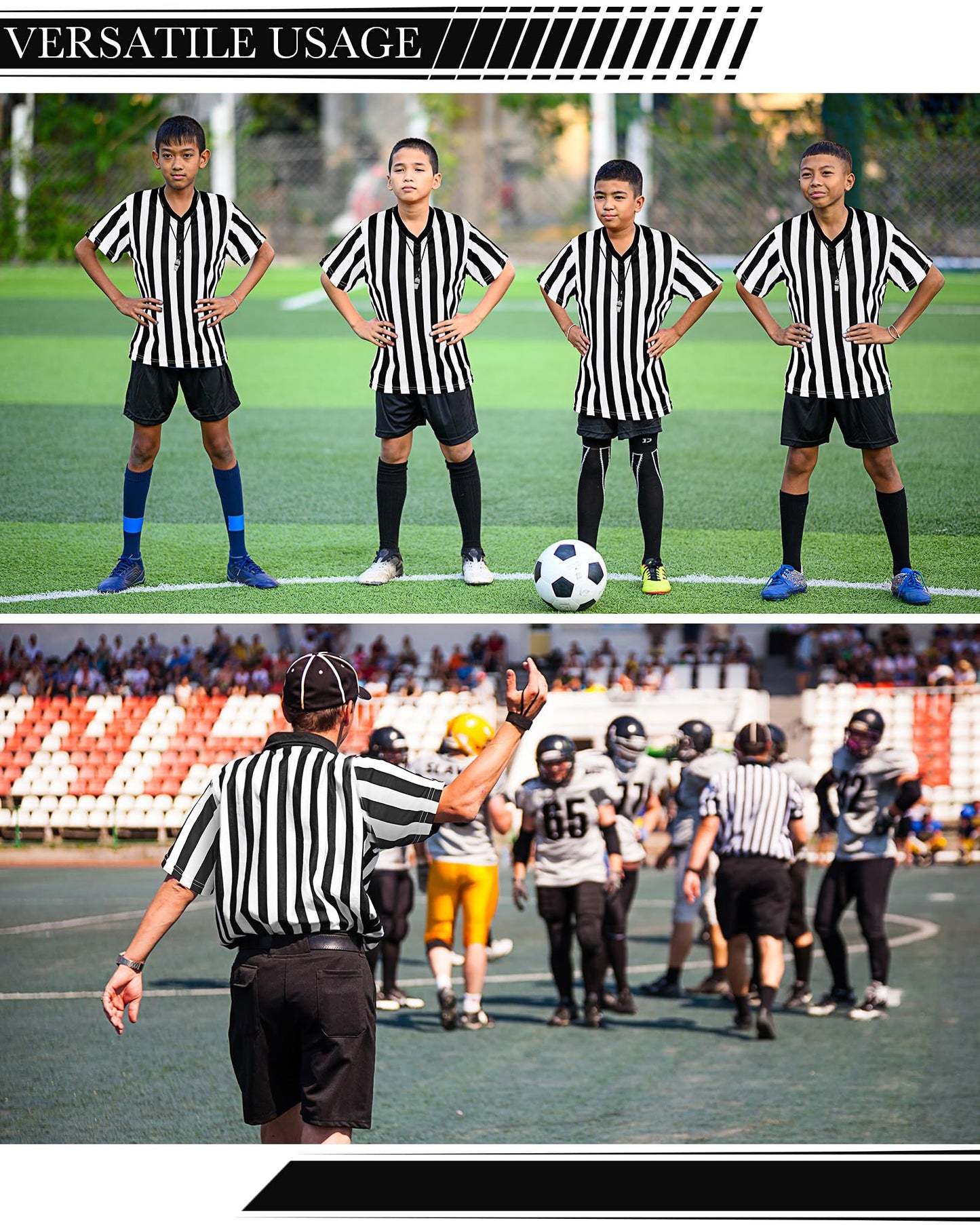 Sintege 4 Sets White and Black Soccer Referee Stripe Shirt with Whistle Official Referee Costume Shirt Football Umpire Jersey Halloween Costume for Adult(Adults X-Large)