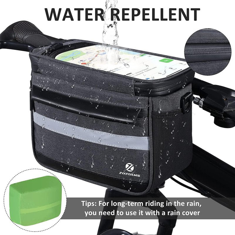 Zyxformis Bike Handlebar Bag, 6L Phone Cycling Mount Front Bags with TPU Touch Screen Phone Holder, Water Resistant Bicycle Storage Bag Bicycle Basket with Reflective strip for Bike Scooter E-bike