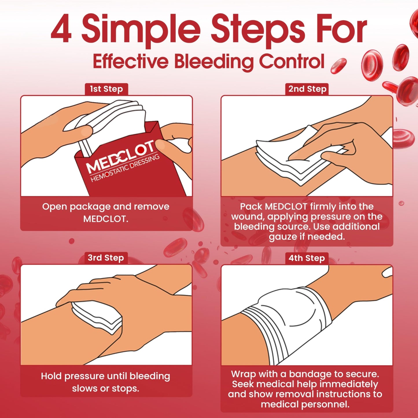 MEDCLOT Hemostatic Gauze – Stops Bleeding Fast - Blood Clotting Bandage with Kaolin - Bleed Stop for Wounds & Emergencies - Sterile Compressed Dressing, 2ft Roll, Expires 2029