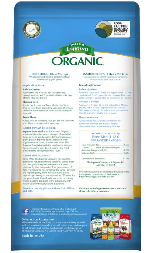 Espoma Organic Bone Meal Fertilizer 4-12-0. All-Natural Plant Food Source of Nitrogen and Phosphorus for Organic Gardening. for Bulbs & Other Flowering Plants. 8 lb. Bag. Pack of 1