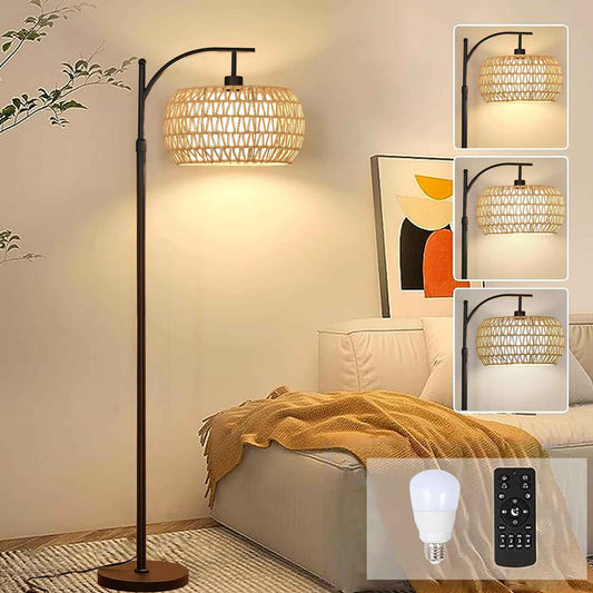 Arc Floor Lamps for Living Room Rattan Boho Floor Lamp with Remote Control,Dimmable LED Floor Lamp Wicker Lamp Shades Black Standing Lamp with 3 Color Temperature Tall Floor Lamps For Bedroom Corner