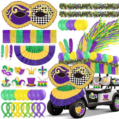 Tasdurian 159 Pcs Mardi Gras Theme Parade Golf Cart Kit Decor Carnival Mask Banner Fan Flag Gold Green Purple Tinsel Foil Fringe Garlands Balloons Craft Feathers for Masquerade Party Supplies Decor