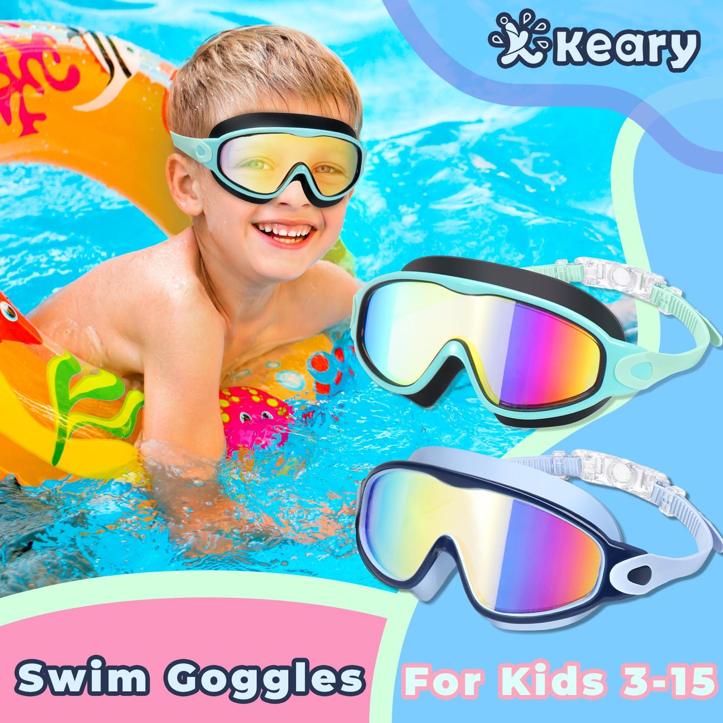 Keary 2 Pack Swim Goggles for Kids 6-14 8-14 Kids Swimming Goggles Age 3-15 4-7 4-16 8-12 For Boys Girls Youth Toddler Children Pool Water Goggle Anti Fog UV Protection Clear Wide View Waterproof