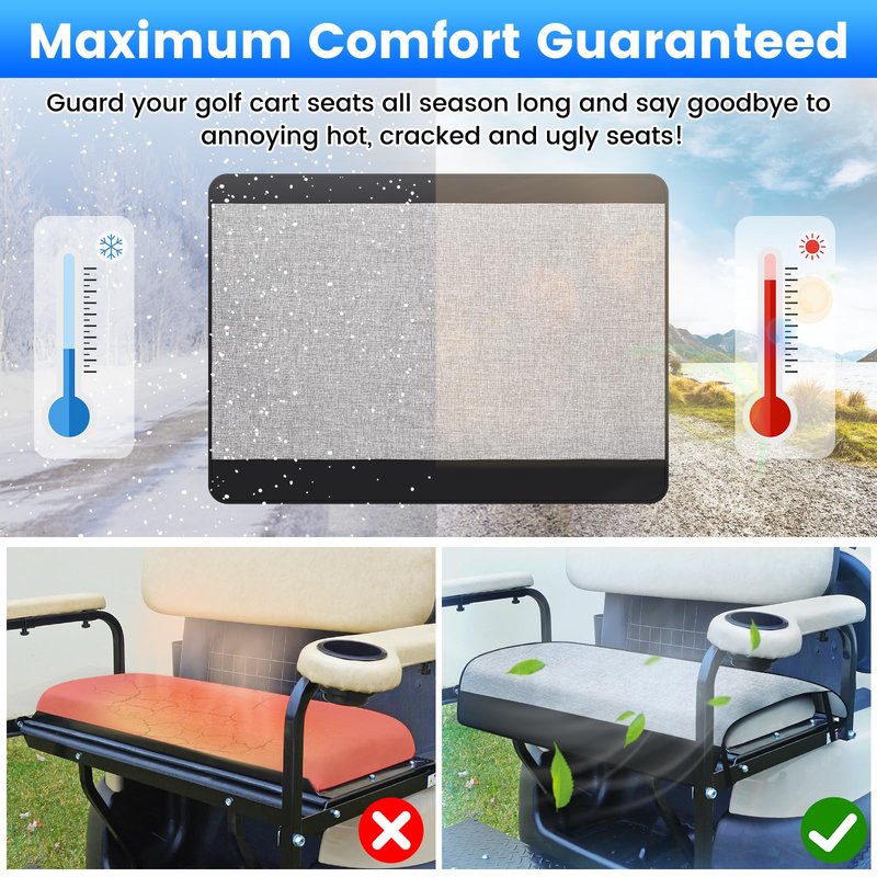 T TGBROS Golf Cart Seat Covers, Universal Golf Cart Seat Towel Blanket with 4 Side Pockets, Anti-Slip Bottom for 2 Seats EZGO, Yamaha & Club Car - Black Leather & Breathable Linen