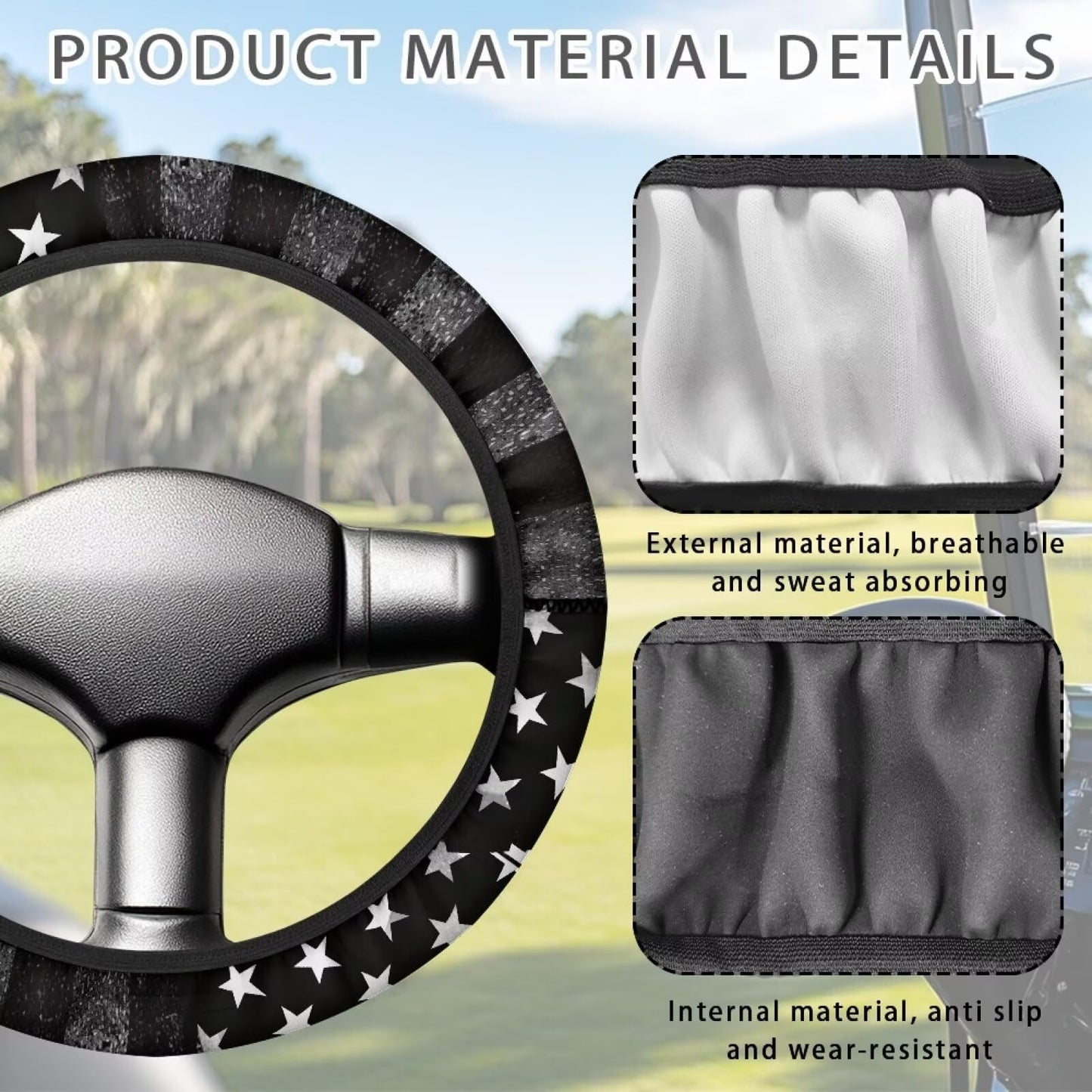 SUITOSELFY Grey and Black Stars and Stripes Golf Cart Steering Wheel Covers 13 inch Patriotic Golf Cart Accessories Decor Stretchy Anti-Slip Golf Cart Steering Wheel Cover Protector