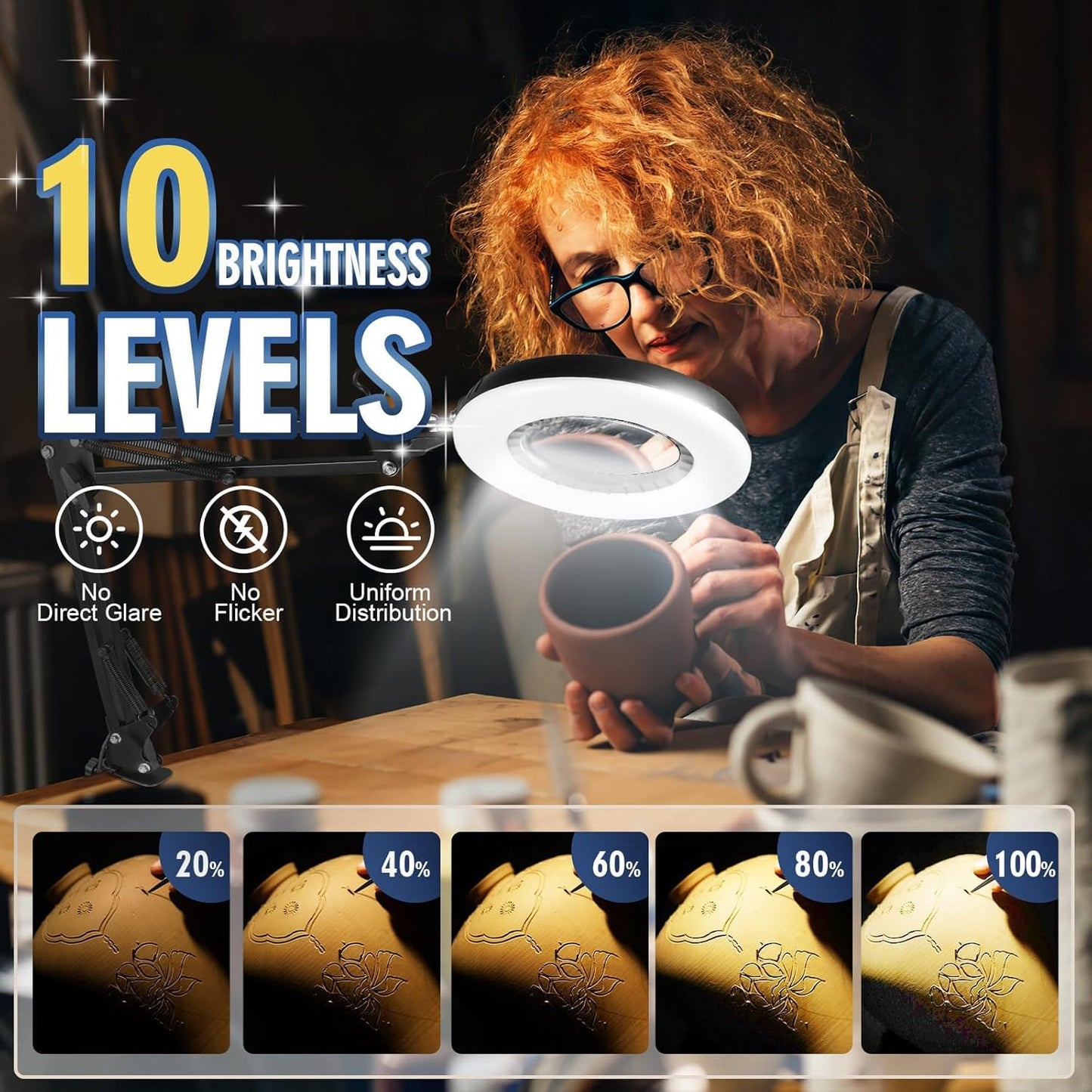 12X LED Magnifying Glass Lamp with Stand - 144 Brightest LEDs, 10 Dimmable Levels, 5 Color Modes for Hands-Free Crafting & Reading