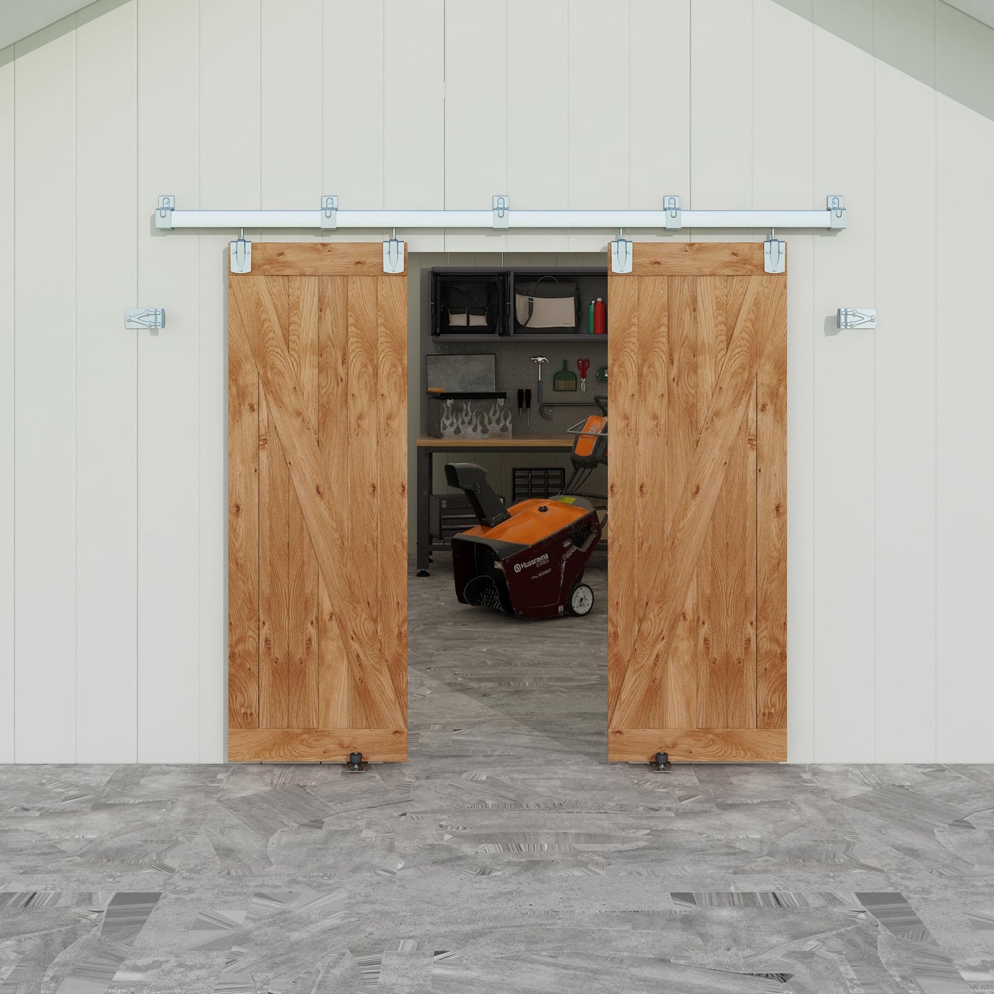 JUBEST 8FT Box Rail Exterior Barn Door Hardware Kit, Heavy Duty Sliding Door Track Kit Wall Mount Door Hardware Kit for Two Doors System(Doors Not Included), Silver