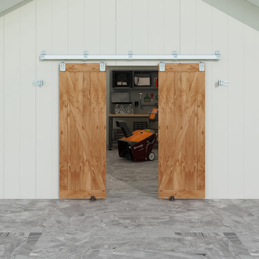 JUBEST 8FT Box Rail Exterior Barn Door Hardware Kit, Heavy Duty Sliding Door Track Kit Wall Mount Door Hardware Kit for Two Doors System(Doors Not Included), Silver