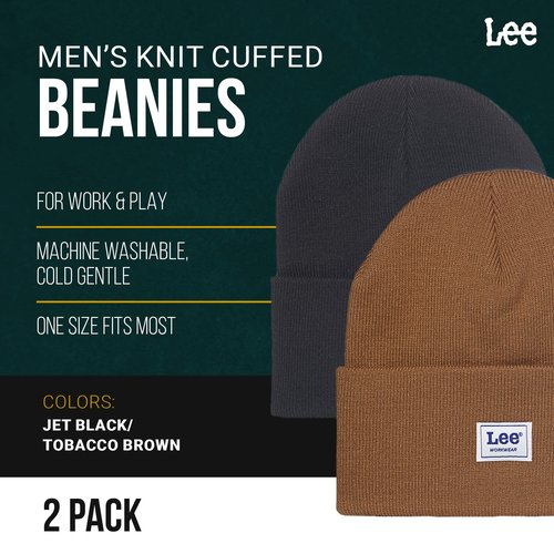 Lee Workwear Men’s Beanie Hats - Men Knit Cuffed Mens Skull Winter Hat, 2 Pack