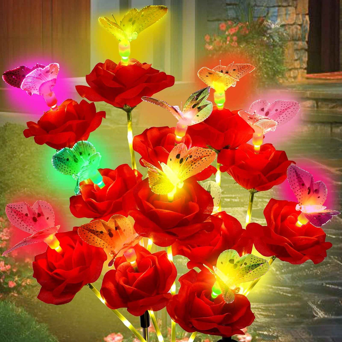 Solar Butterfly Rose Garden Lights Outdoor Waterproof Decorative Flower Garden Decor Yard Patio Lawn Outdoor, Gifts for Mother's Day3 Pack Gifts for Women (Butterfly Rose)