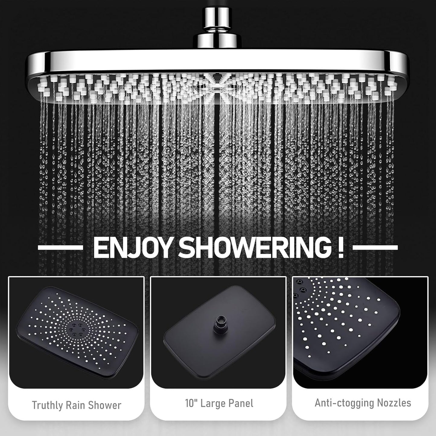 High Pressure 5-Mode Wide Rain Shower Head Combo with Handheld & Extension Arm - Black