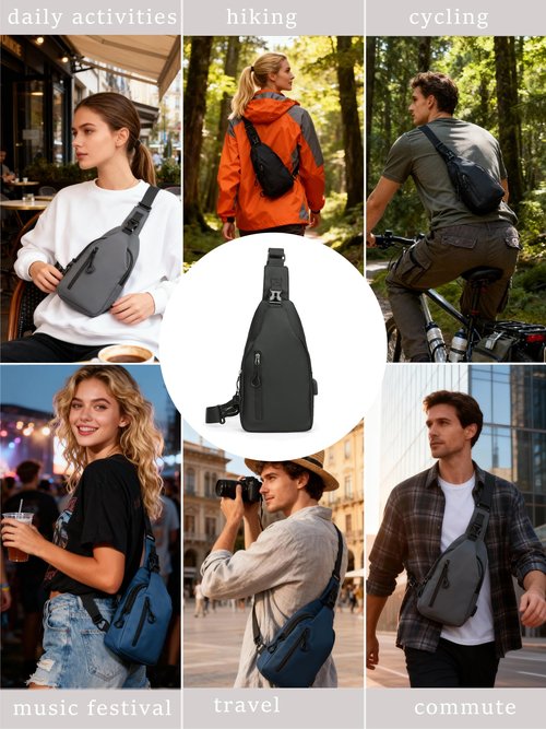 JYNBELSOR Sling Bag Daypack for Men Women, Crossbody Chest Bags Waterproof Pack, Backpack for Travel, Hiking, Daily Commute, Black