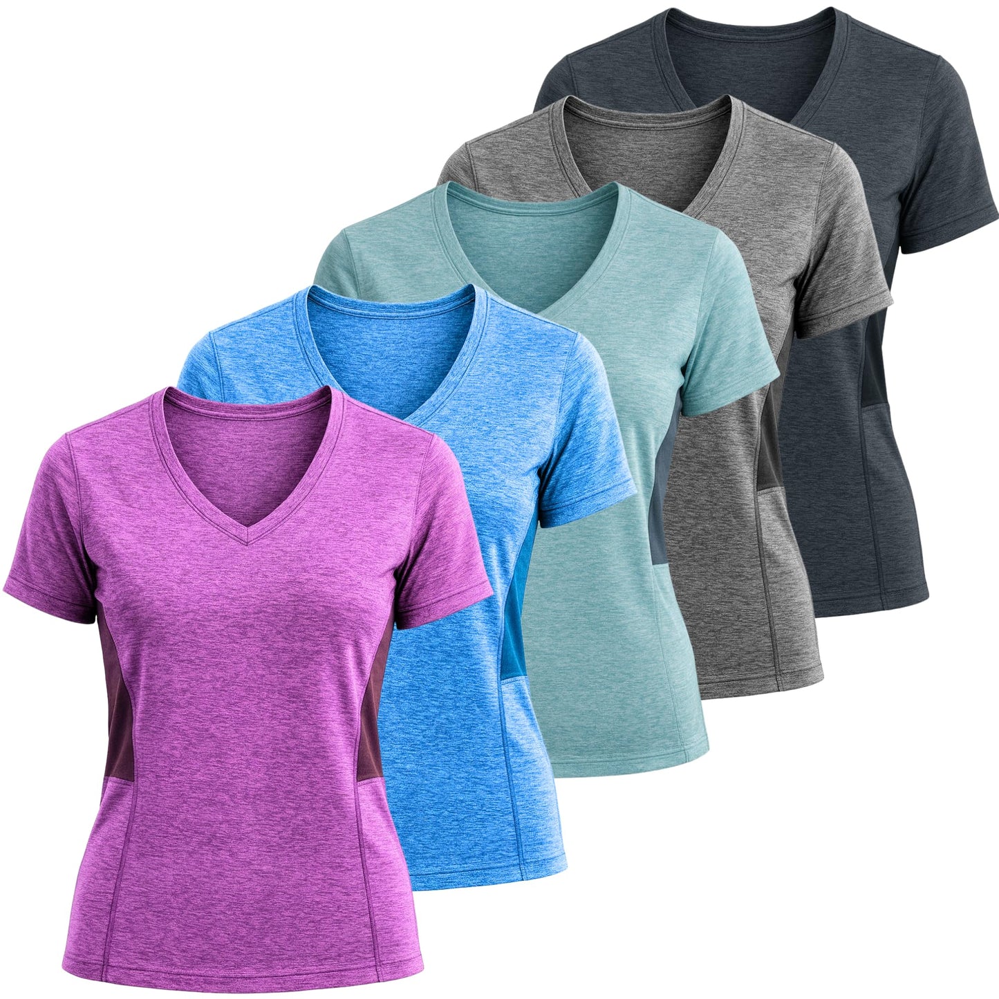 Lati Fashion 5 Pack Dry Fit Shirts for Women Workout Tops Short Sleeve V Neck Womens T Shirts for Yoga Running Pilates S-3X (US, Alpha, Large, Regular, Regular, Set6)