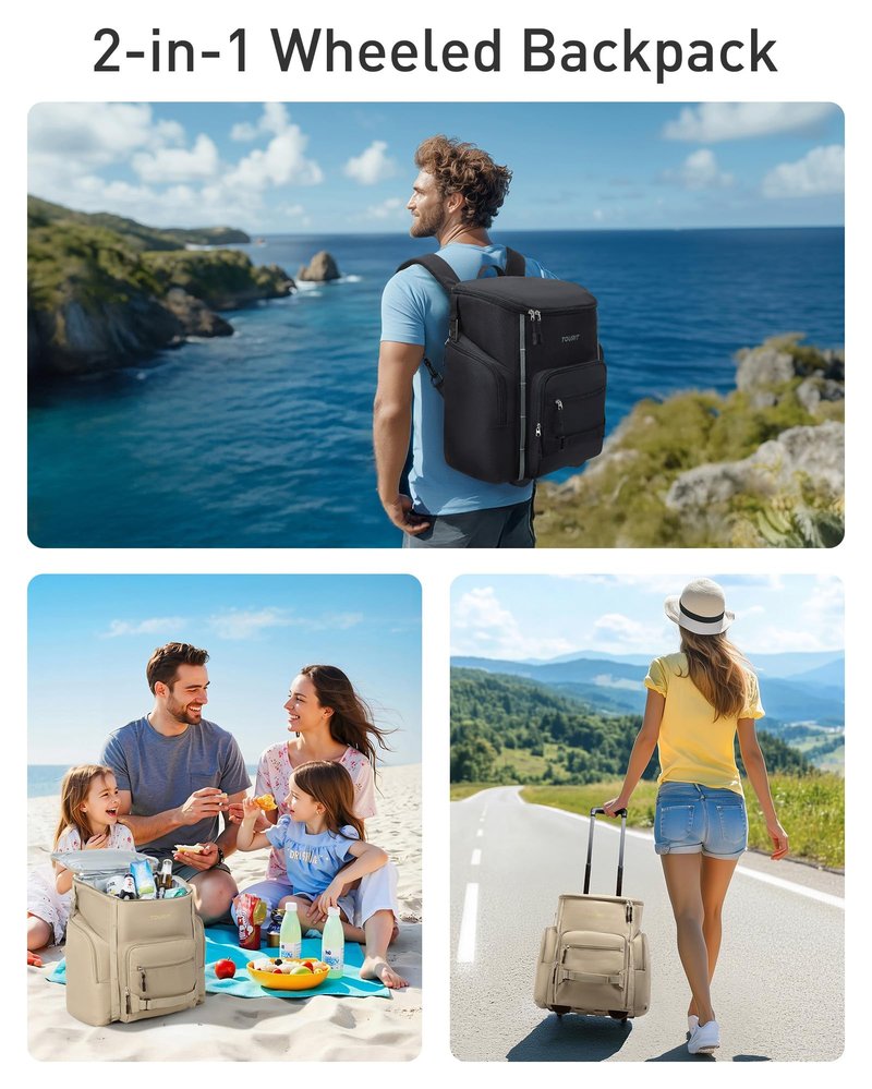TOURIT Rolling Cooler Backpack: Leakproof Waterproof Insulated 36 Cans Beach Cooler with Wheels and Handle Outdoor Camping Picnic Travel Black