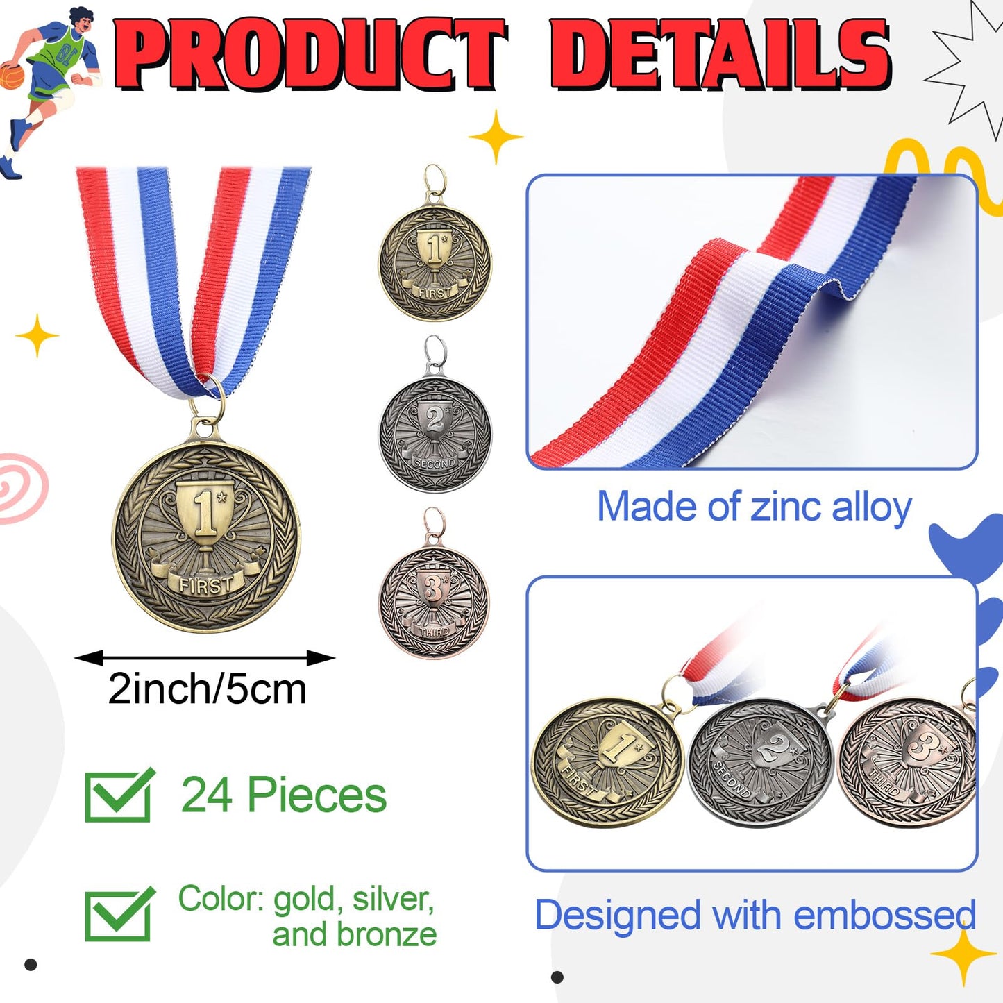 RoundFunny 30 Pcs Award Medals 1st 2nd 3rd Place Medals Metal Winner Trophy Awards Gold Silver Bronze Prizes for Sports Competitions Party, 2 Inches (Classic Color)