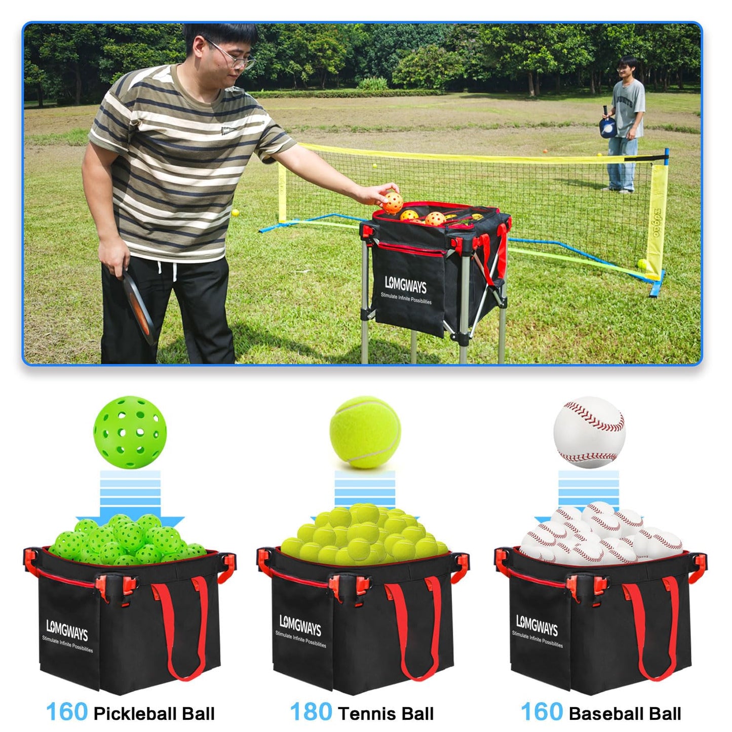 LOMGWAYS Pickleball Tennis Ball Hopper-Foldable Lightweight Tennis Ball Cart Holds 180 Tennis with Removable Bag,Wheel,Side Pocket for Training/Teaching, for Tennis/Pickleball/Baseball/Softball