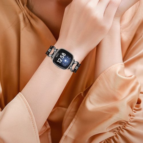 FitTurn for Fitbit Versa 4/Sense 2/Versa 3/Sense Bands for Women Men, Replacement Metal Cow horn + large fork Wristbands Strap with Bling Crystal Diamond Rhinestone Bracelet Bangle for Versa 4/Sense 2/Versa 3/Sense Smart Watch (Black)