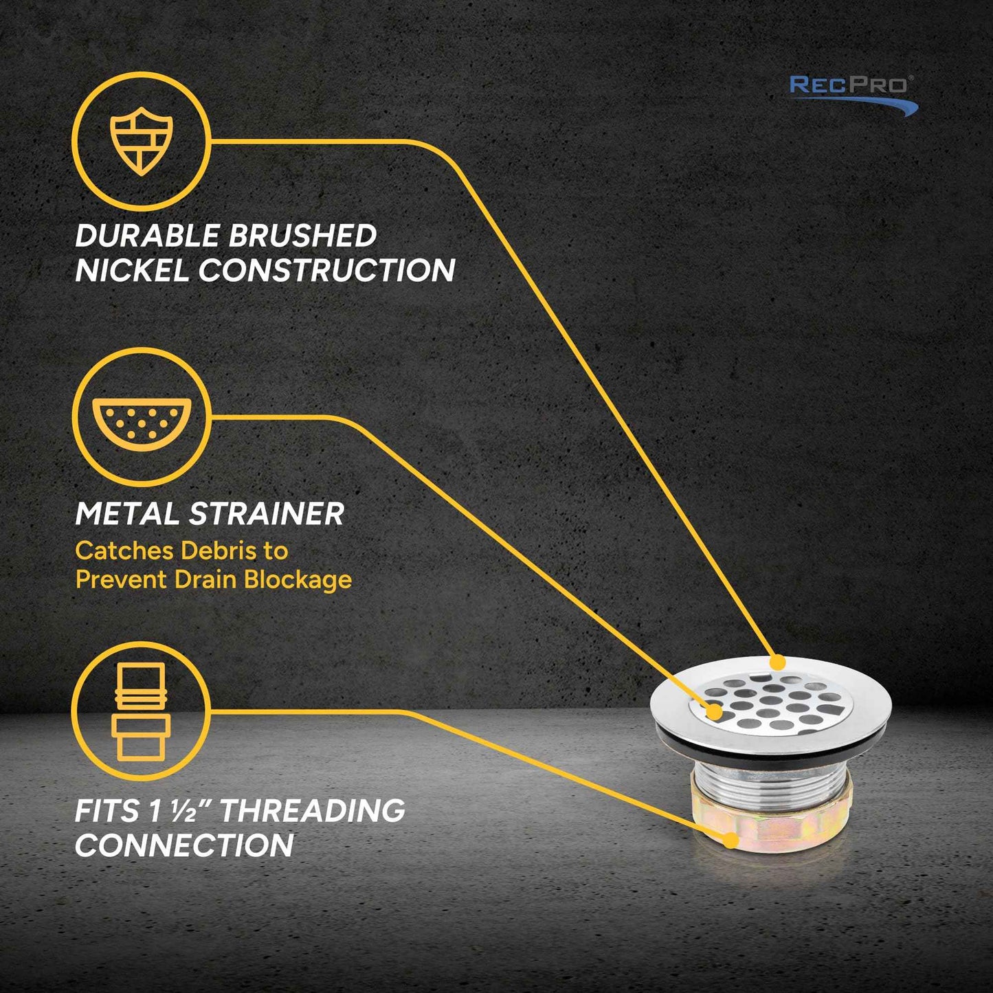 RecPro RV Brushed Nickel Sink Strainer Drain | Removable Strainer | Fits 2" Drain Holes | Connects to Pipes with 1.5" Threading