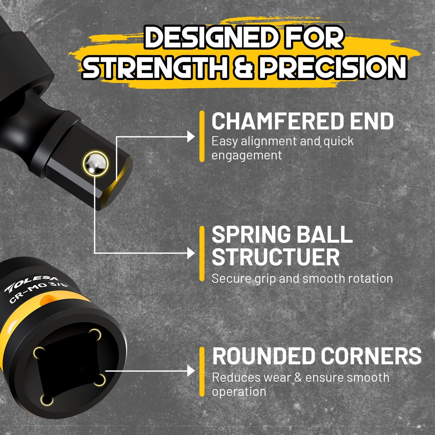 TOLESA Swivel Socket Set, Impact Universal Joint-Socket Set, 1/2", 3/8", 1/4" Flexible Socket Swivel Set Premium CR-MO Steel U Joint Adapter Wobble