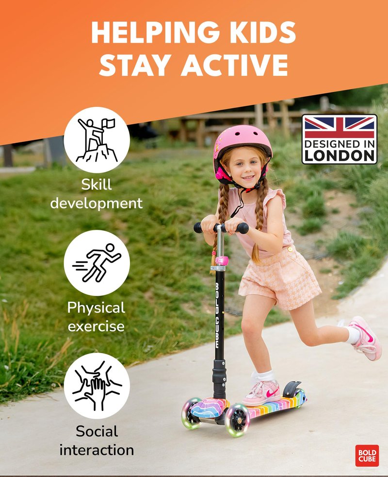 BOLDCUBE Big Fold | Three Wheel Scooter for Children Ages 5-10 Years | LED Wheels with Flashing Lights | Height Adjustable 65 to 89 cm | Rear Reflectors