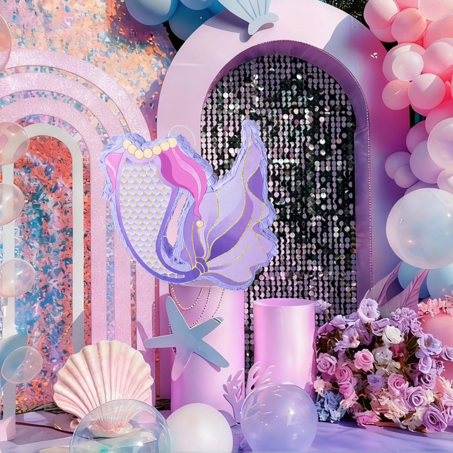 PCFING 18 Inch Mermaid Tail Piñata with 30 Inch Piñata Stick Blindfold Confetti for Boy Girl Ocean Birthday Party Game Decorations, Anniversary Celebration, Fiesta