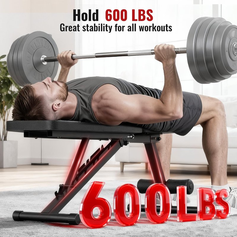 Adjustable Weight Bench for Home Gym Dumbbell Exercise, 600LBS Stable Incline Decline Flat Bench for Full Body Workout, Foldable Workout Bench with Resistance Bands for Bench Press Strength Training