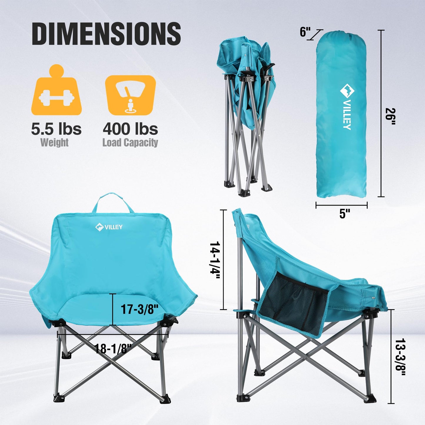 VILLEY Camping Chair Beach Folding Chair, Outdoor Lawn Portable Lightweight Chair, Foldable Chair with Carry Bag, for Outside Hiking, Fishing, Travel, Beach and Sports, Blue
