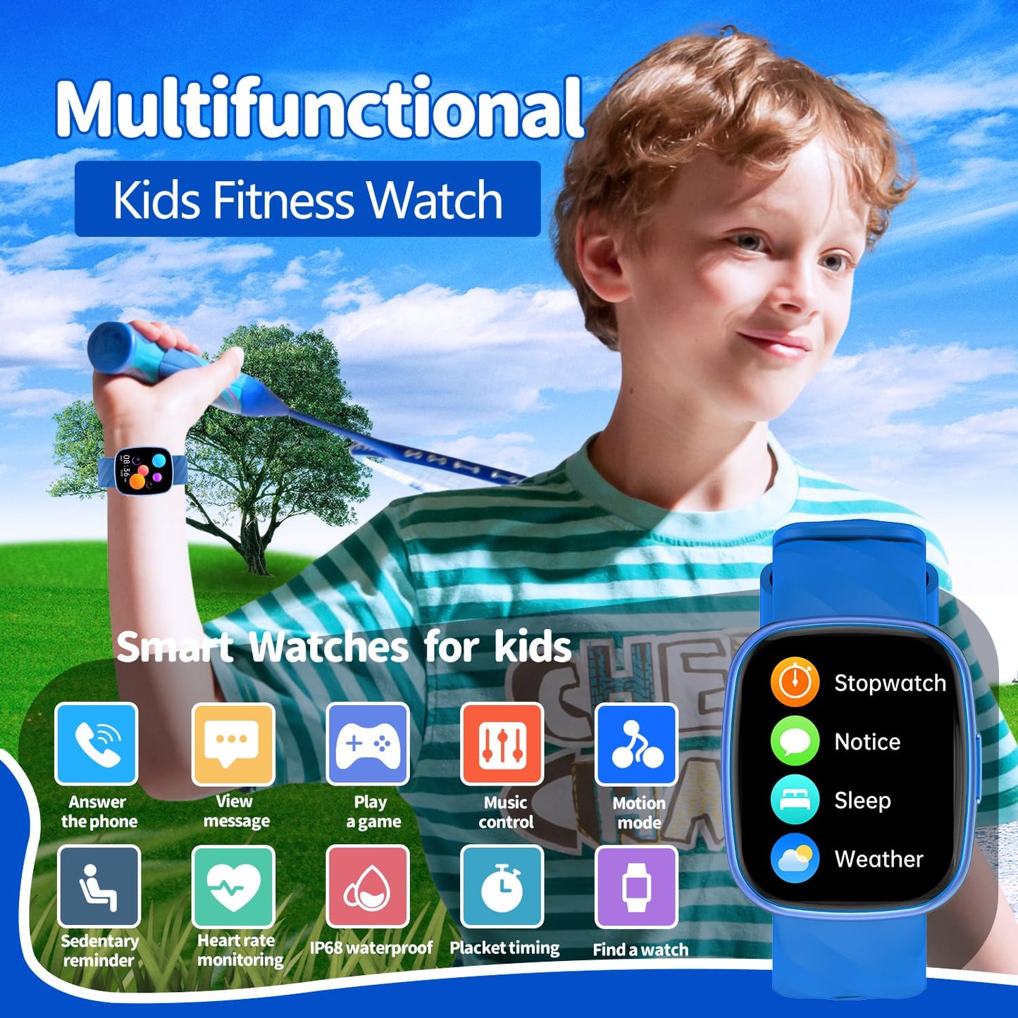 AYATAHA Kids Watch, Digital Watch for Boys Girls, IP67 Waterproof Games Fitness Tracker with 20+ Sport Modes, Sleep Monitor, Music, Games, Great Sports Watches Gift for Teens Kids (Blue)