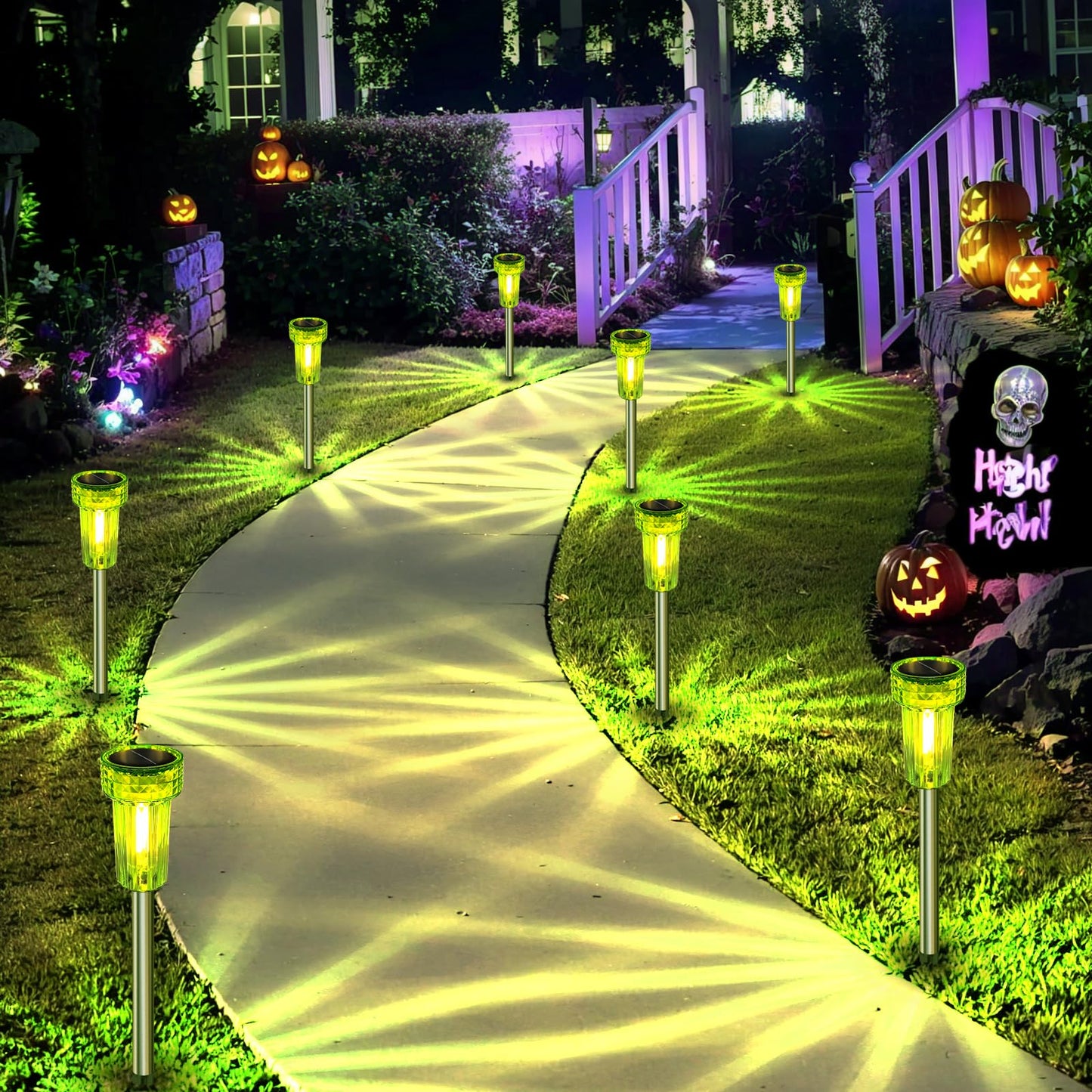 DERAYSION Halloween Decorations Outdoor Solar Lights Pathway LED Green Waterproof Halloween Solar Lights Acrylic Lamp Auto Dusk-to-Dawn for Yard, Path, Garden, Walkway, Landscape 8 Pack